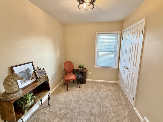 living area with baseboards and carpet floors