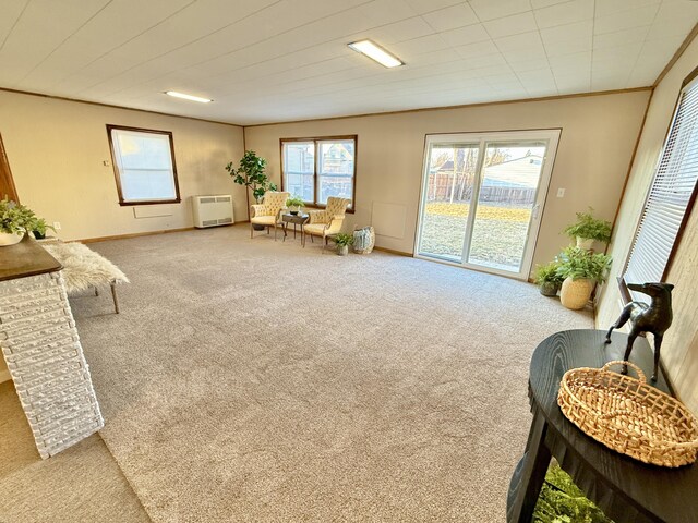 sitting room with heating unit, carpet floors, baseboards, and ornamental molding