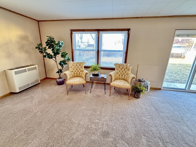 living area featuring heating unit, carpet flooring, baseboards, and ornamental molding