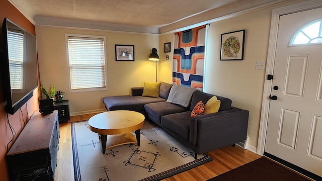 living room featuring baseboards, light wood-style flooring, and ornamental molding