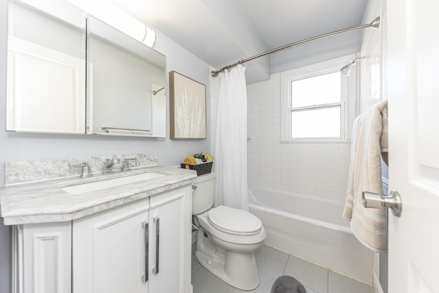 full bathroom with tile patterned flooring, toilet, vanity, and shower / bathtub combination with curtain