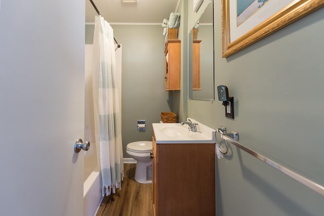 full bathroom with shower / bathtub combination with curtain, toilet, vanity, and wood finished floors