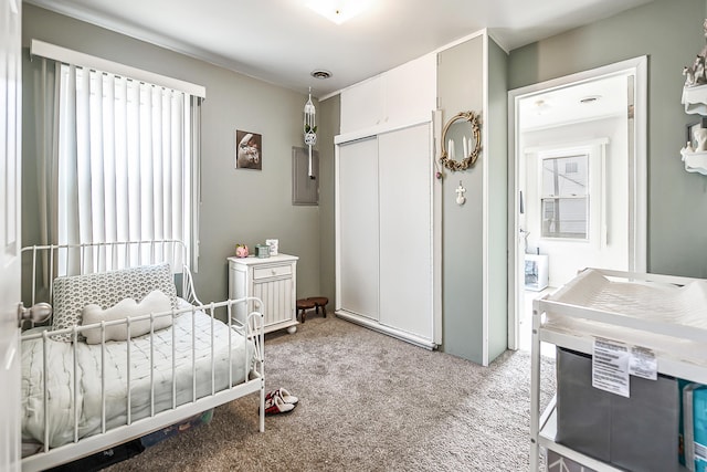 carpeted bedroom featuring a closet