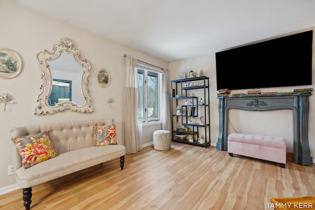 sitting room with baseboards and wood finished floors