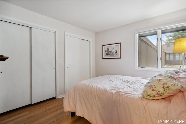 bedroom with multiple closets and wood finished floors