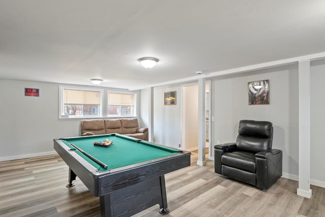 recreation room with billiards, light wood-style floors, and baseboards