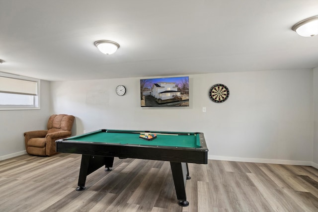 rec room with billiards, wood finished floors, and baseboards