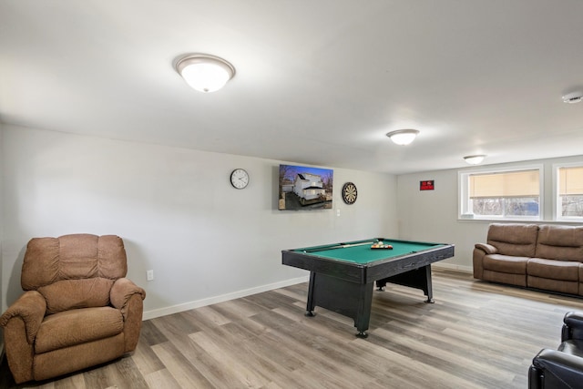 recreation room with billiards, light wood-style floors, and baseboards