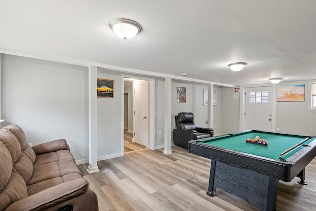 game room with baseboards, light wood-style flooring, and billiards