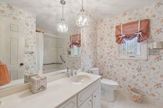 full bathroom with tile patterned floors, toilet, wallpapered walls, baseboards, and vanity