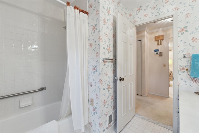 full bathroom with shower / tub combo with curtain, crown molding, tile patterned flooring, and wallpapered walls