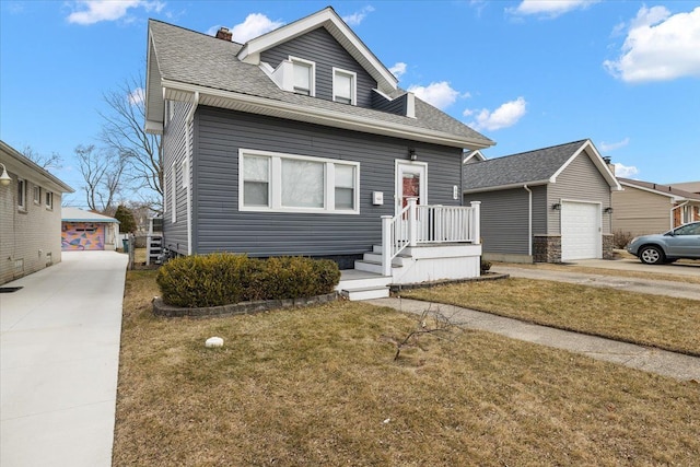 bungalow-style home with a front yard, an outbuilding, roof with shingles, a chimney, and a garage