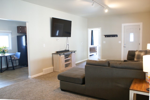 living room with visible vents, plenty of natural light, baseboards, and carpet flooring