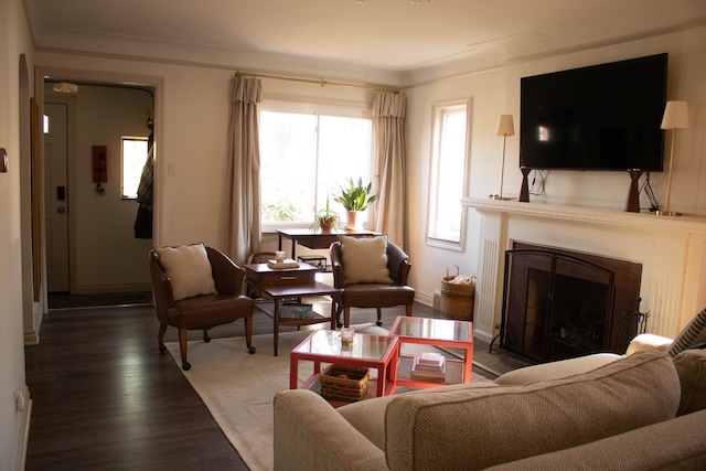 living room with wood finished floors, crown molding, a fireplace, and baseboards