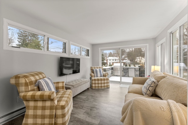 living room with a wealth of natural light, wood finished floors, and a baseboard radiator