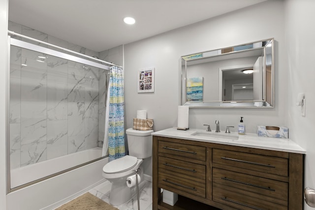 bathroom with toilet, marble finish floor, shower / bath combo, recessed lighting, and vanity