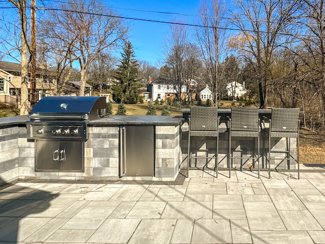 view of patio featuring outdoor wet bar, exterior kitchen, and area for grilling