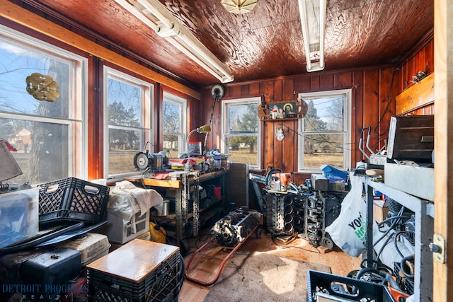 home office with wood finished floors, wooden ceiling, and wood walls