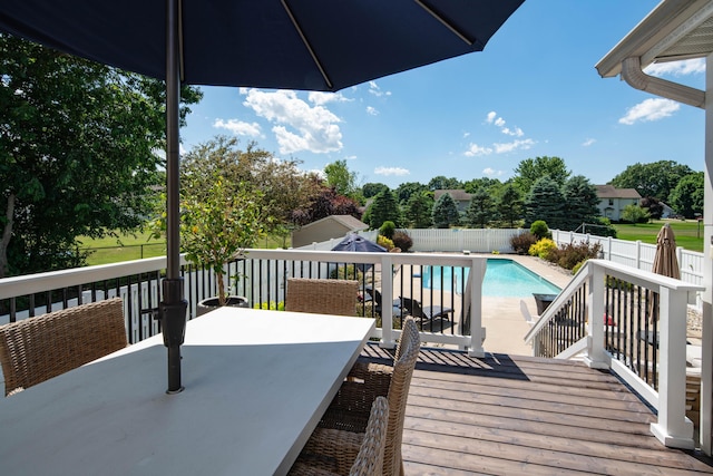 deck with a fenced backyard, a fenced in pool, and outdoor dining space