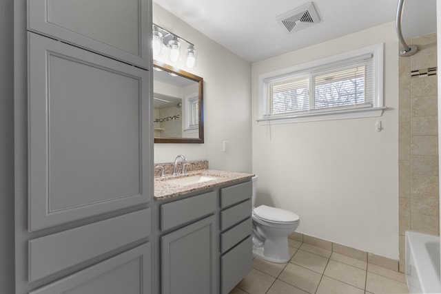 full bathroom with tile patterned floors, visible vents, toilet,  shower combination, and vanity