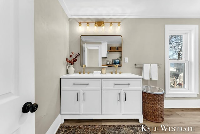 full bath with double vanity, wood finished floors, baseboards, and a sink