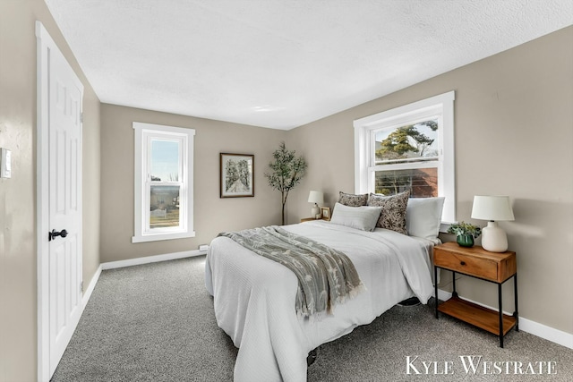 bedroom with carpet flooring, a textured ceiling, and baseboards