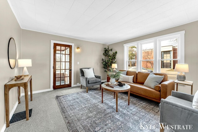 living area featuring carpet, a healthy amount of sunlight, and baseboards