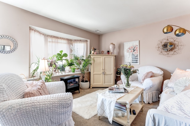 living area featuring carpet flooring and visible vents