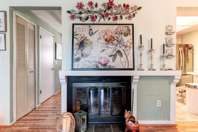 interior details featuring a glass covered fireplace, freestanding refrigerator, and wood finished floors