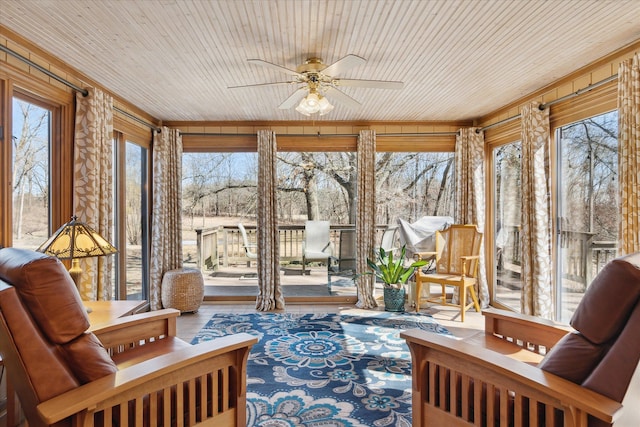 sunroom with wooden ceiling and a ceiling fan