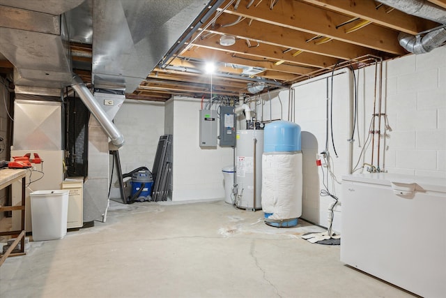 unfinished basement featuring electric panel, gas water heater, and refrigerator