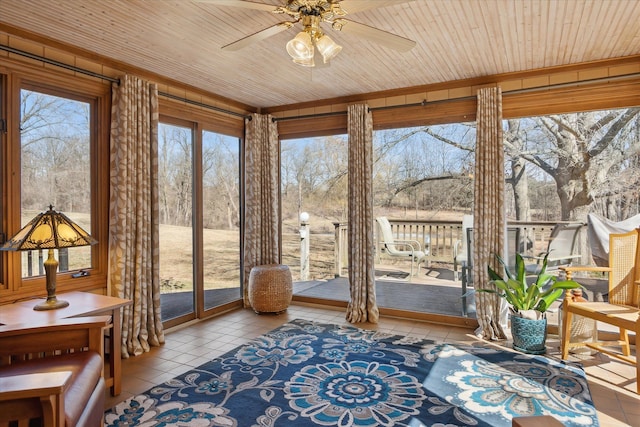 sunroom featuring wooden ceiling and a ceiling fan