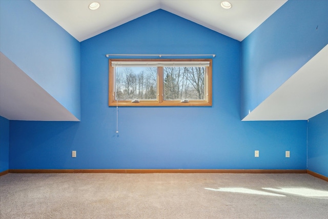 bonus room featuring recessed lighting, baseboards, carpet flooring, and vaulted ceiling