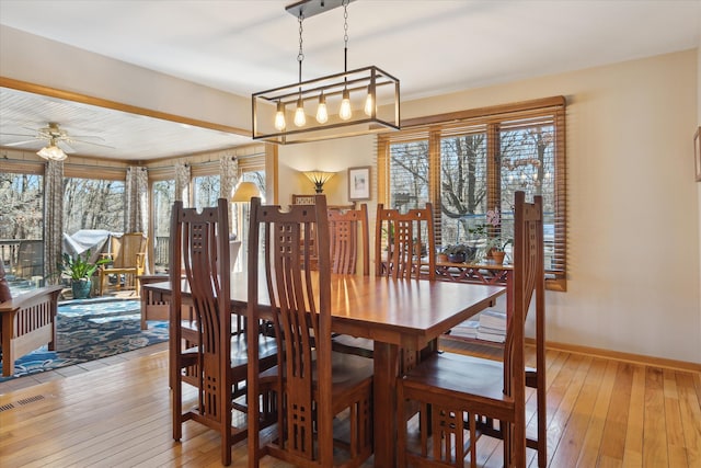 dining space with visible vents, baseboards, light wood-style floors, and ceiling fan