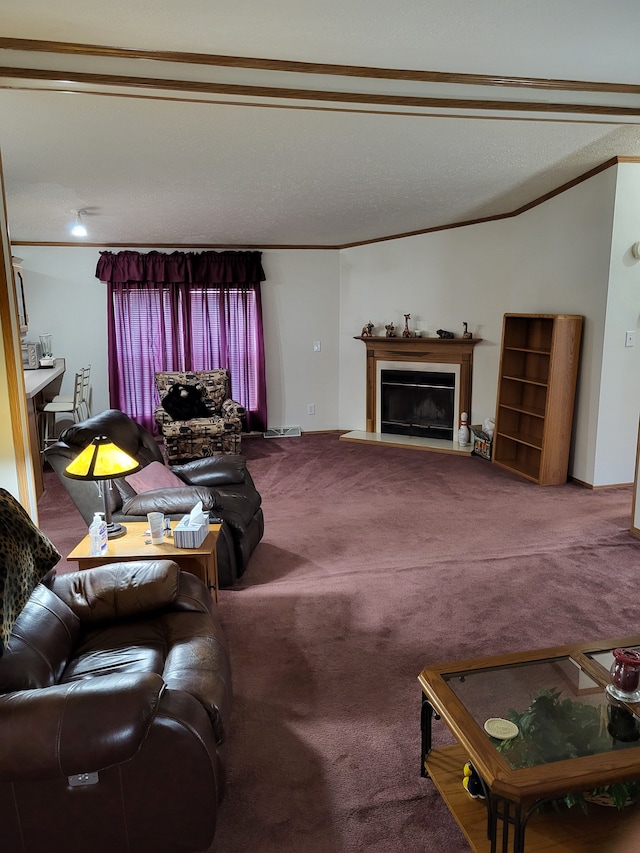 carpeted living area featuring a fireplace with raised hearth and crown molding