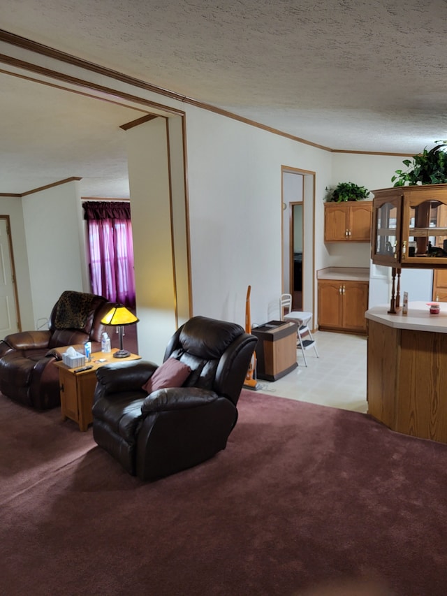 living area featuring light carpet, a textured ceiling, and ornamental molding