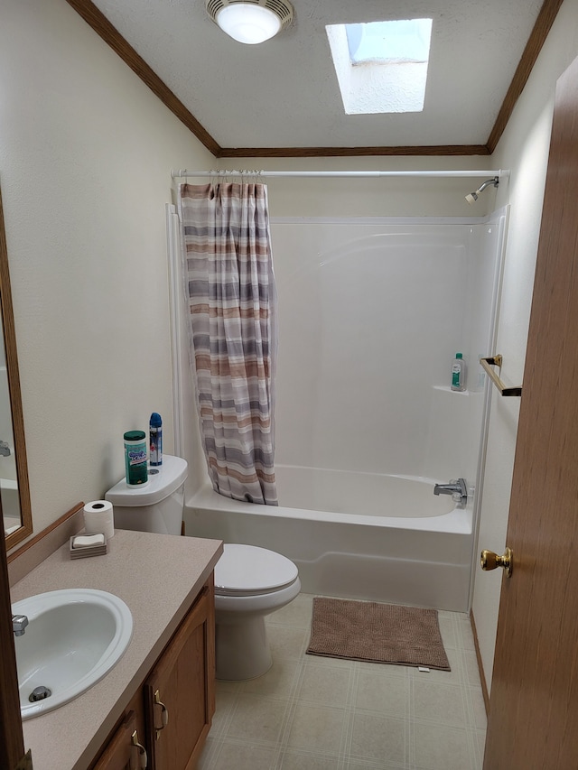 bathroom featuring a skylight, toilet, shower / bath combo, and ornamental molding