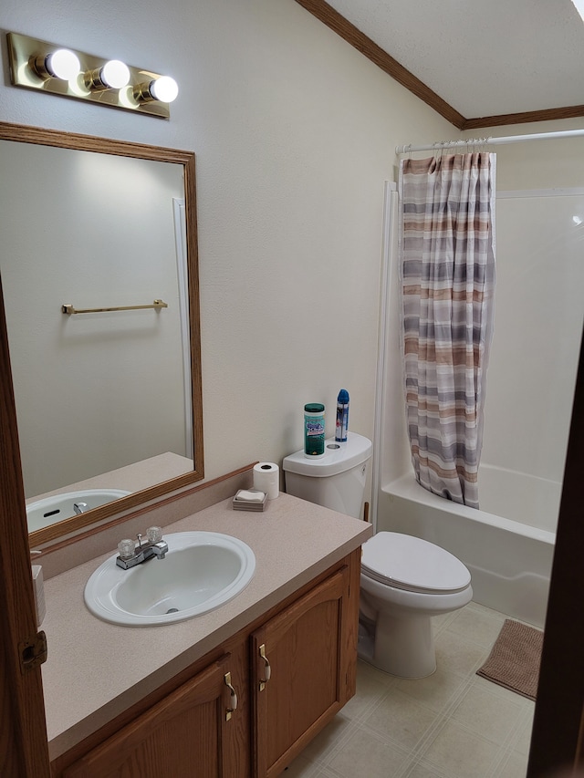 bathroom featuring toilet, vanity, shower / tub combo, and ornamental molding