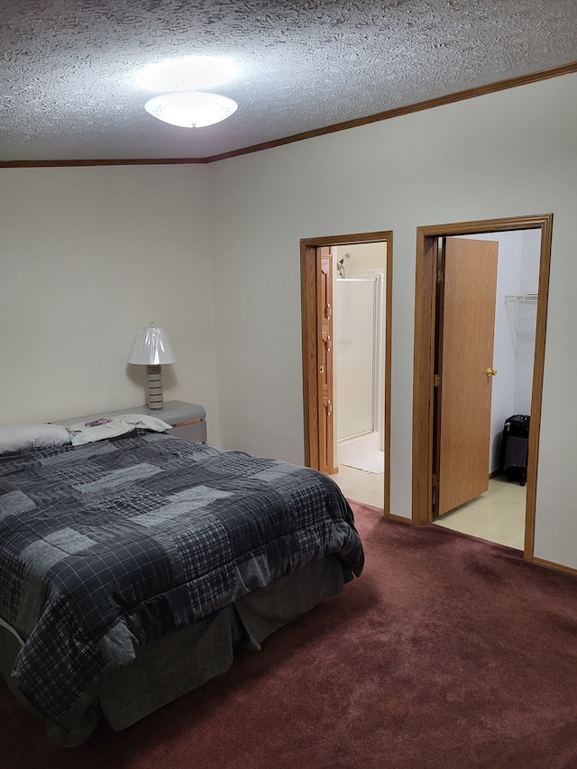 bedroom featuring light carpet, a textured ceiling, and crown molding