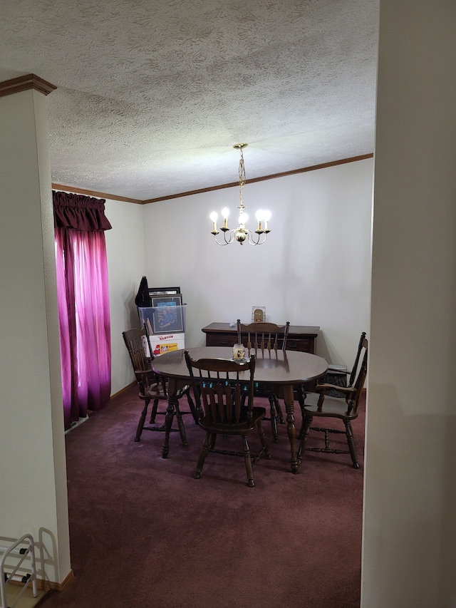 carpeted dining room with a notable chandelier, a textured ceiling, and ornamental molding