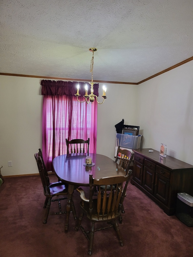 dining space with crown molding, baseboards, carpet, a chandelier, and a textured ceiling