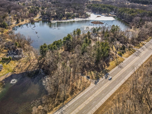 bird's eye view with a water view and a wooded view