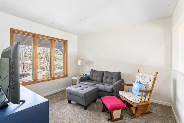 living area with carpet flooring and baseboards