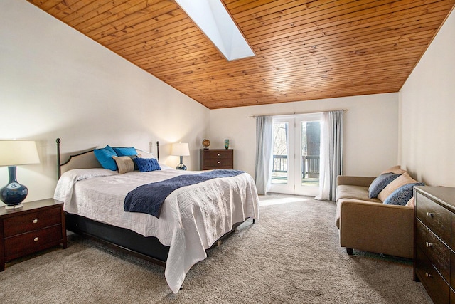 bedroom featuring lofted ceiling with skylight, carpet, wood ceiling, and access to exterior