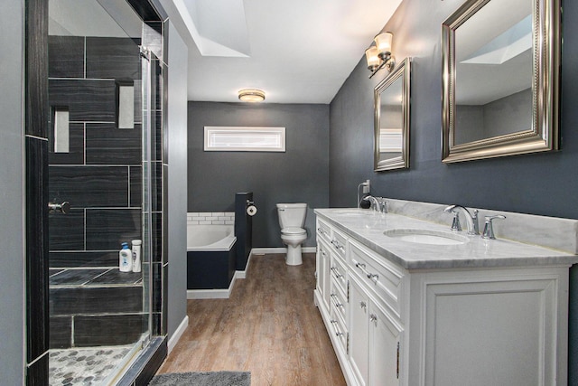 full bath featuring double vanity, a stall shower, wood finished floors, and a sink