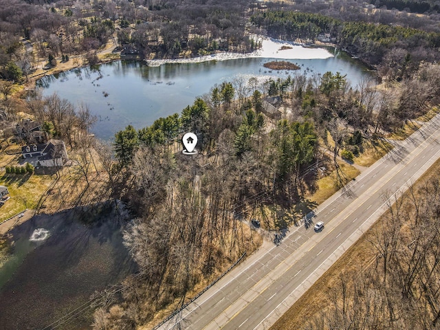 birds eye view of property with a forest view and a water view