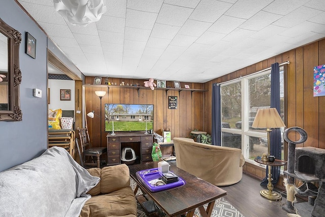 living room with wood walls and wood finished floors