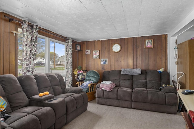 living area featuring wood walls and carpet flooring