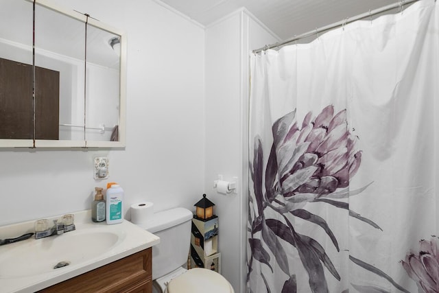 bathroom with toilet, vanity, and a shower with curtain