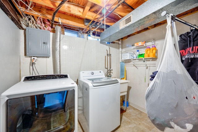 laundry area featuring electric panel, laundry area, washer and dryer, and visible vents